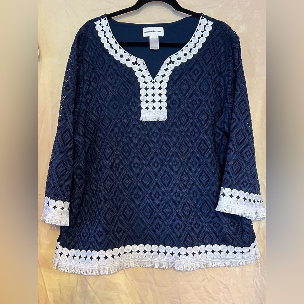 Alfred Dunner Navy and White Diamond Pattern Tunic